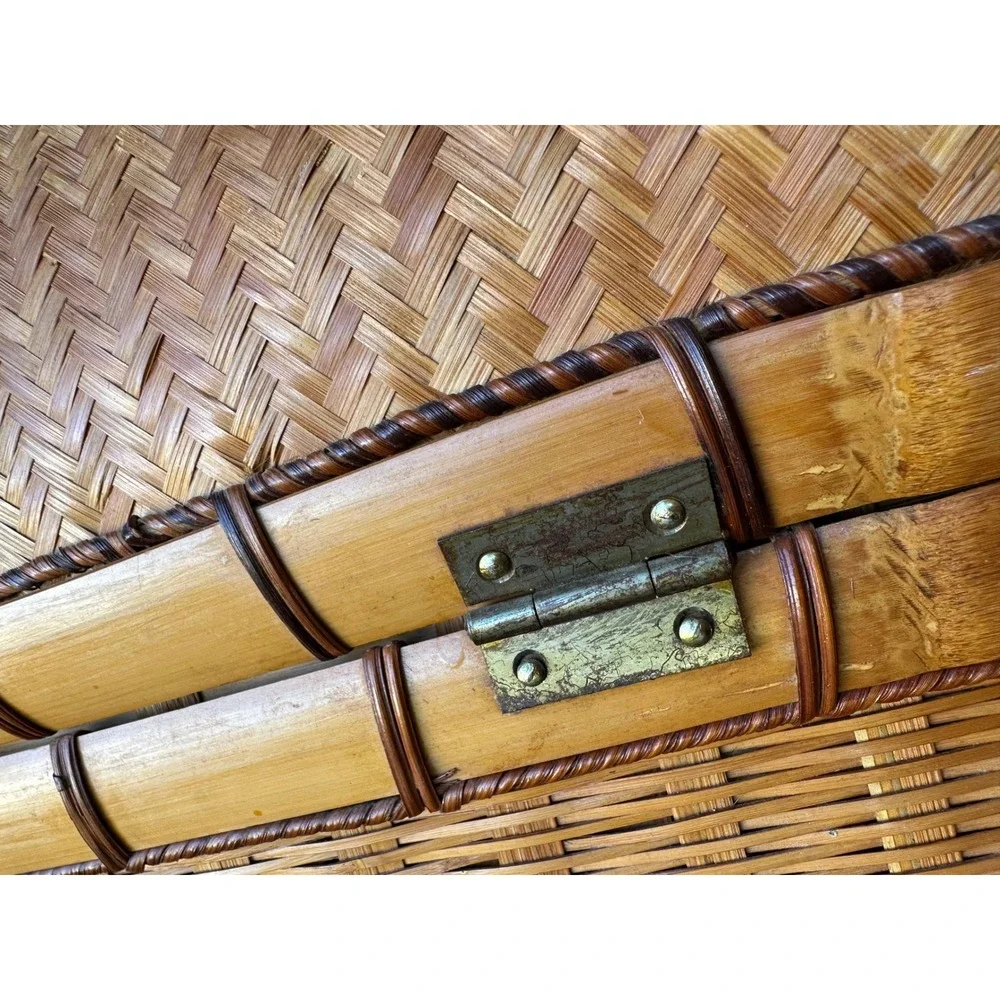 Vintage Woven Bamboo Picnic Basket Domed Lid Trunk Storage Hamper Boho Decor